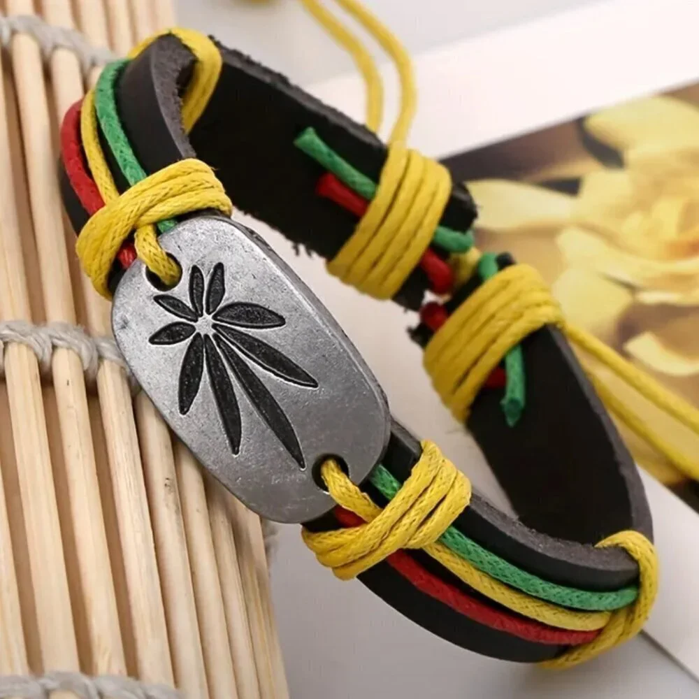 Jamaican-Inspired Large Leaf PU Leather Bracelet